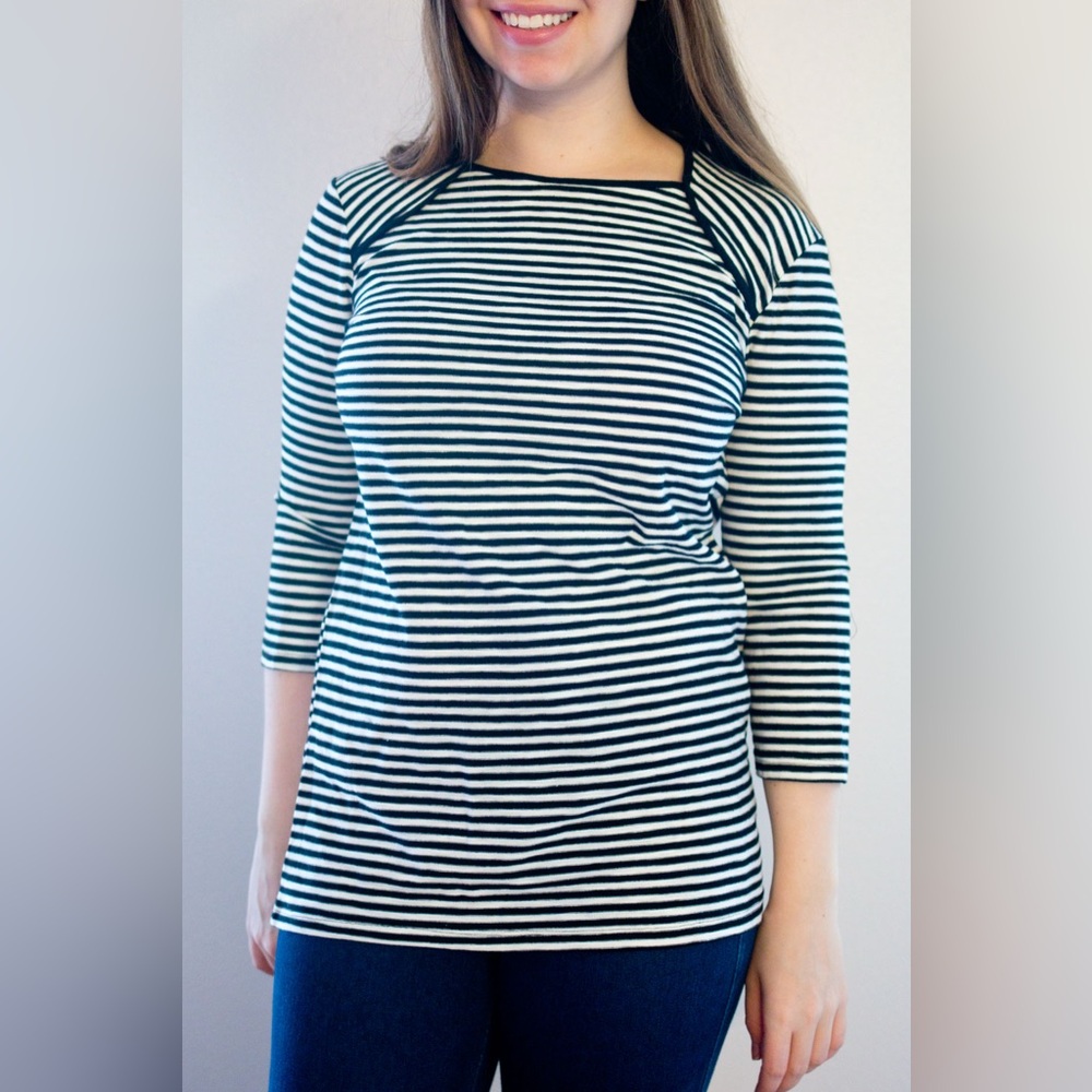 (B4)‎ Who What Wear Black White Striped Casual 3/4 Sleeve Blouse Top Shirt XL